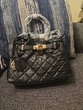 Badgley Mischka Quilted Black Satchel with Gold Hardware